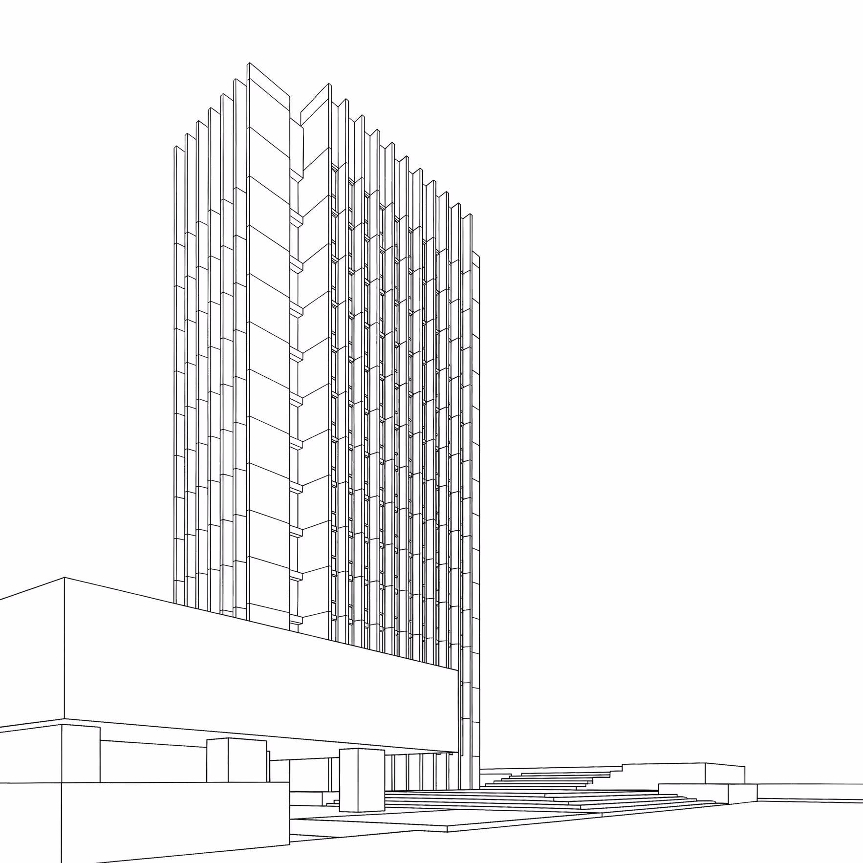 Line-and-tone elevation of a tower block, an orange disc behind it and wireframe planes extending from its facade.
